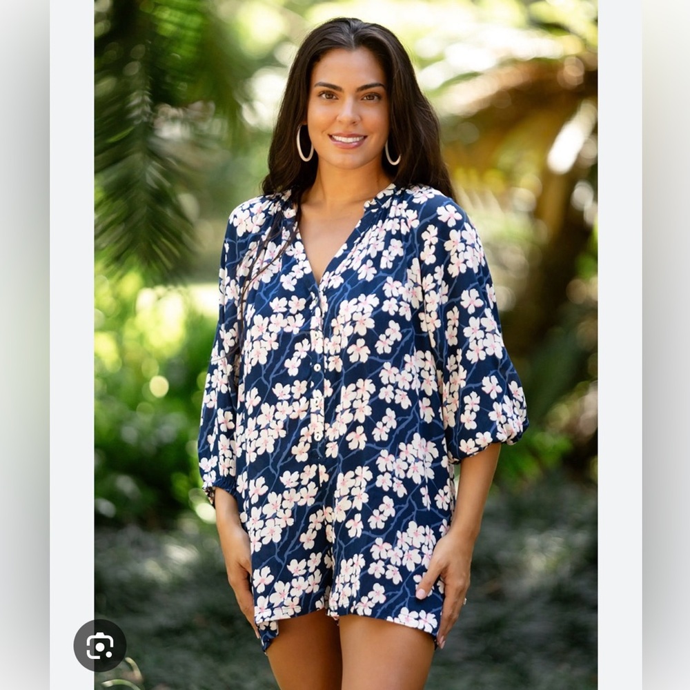 Ava Sky Navy Blue Floral Romper with Cream/Pink Blossoms